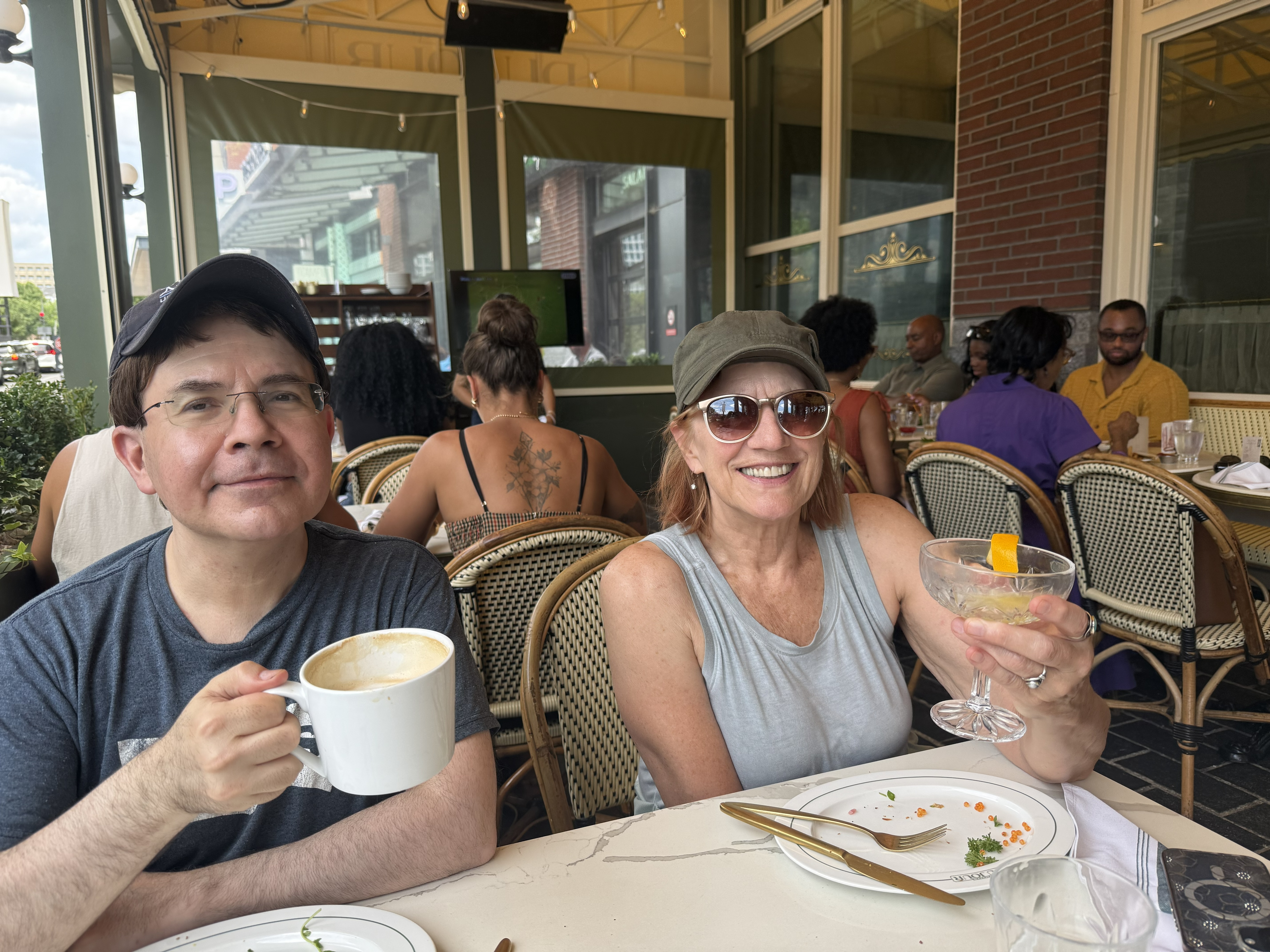Du Jour, on the Wharf. Leo and his cappuccino; Bonnie and something with an orange twist in it.