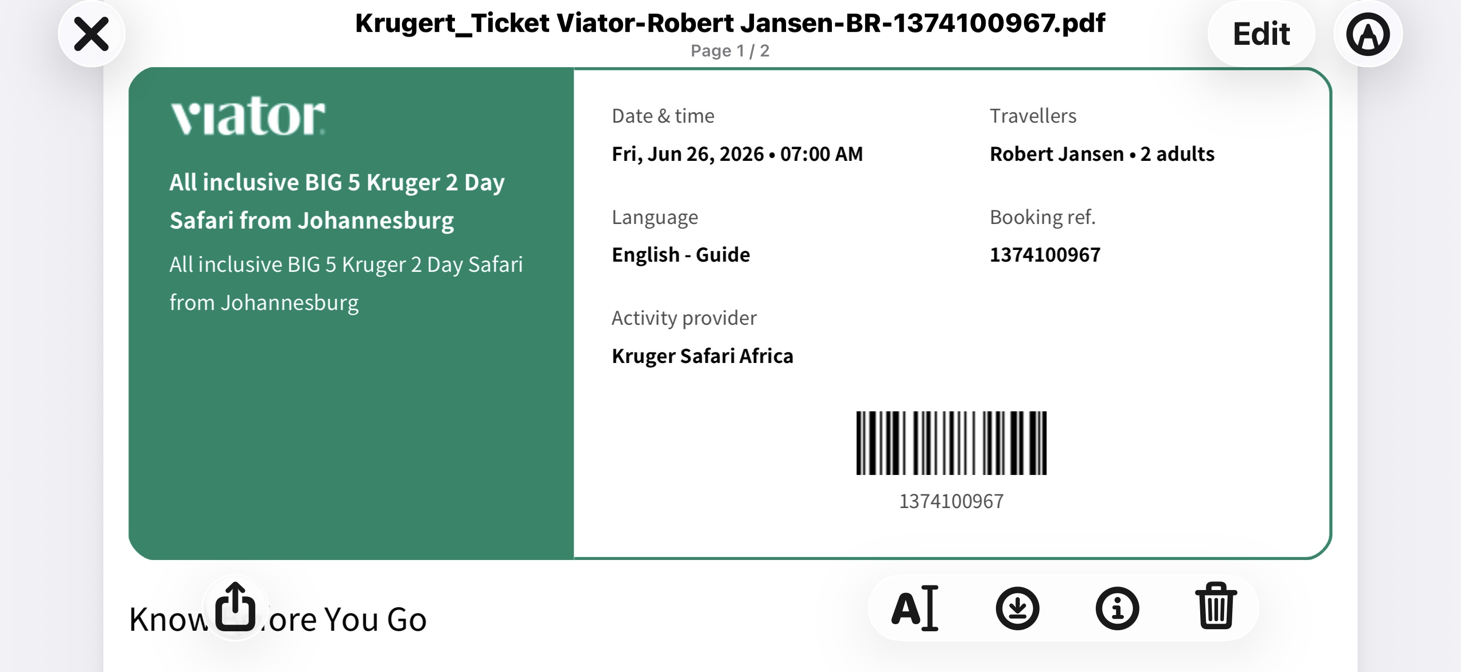 The other document. Tomorrow, seven in the morning: two adults, Johannesburg, Kruger.