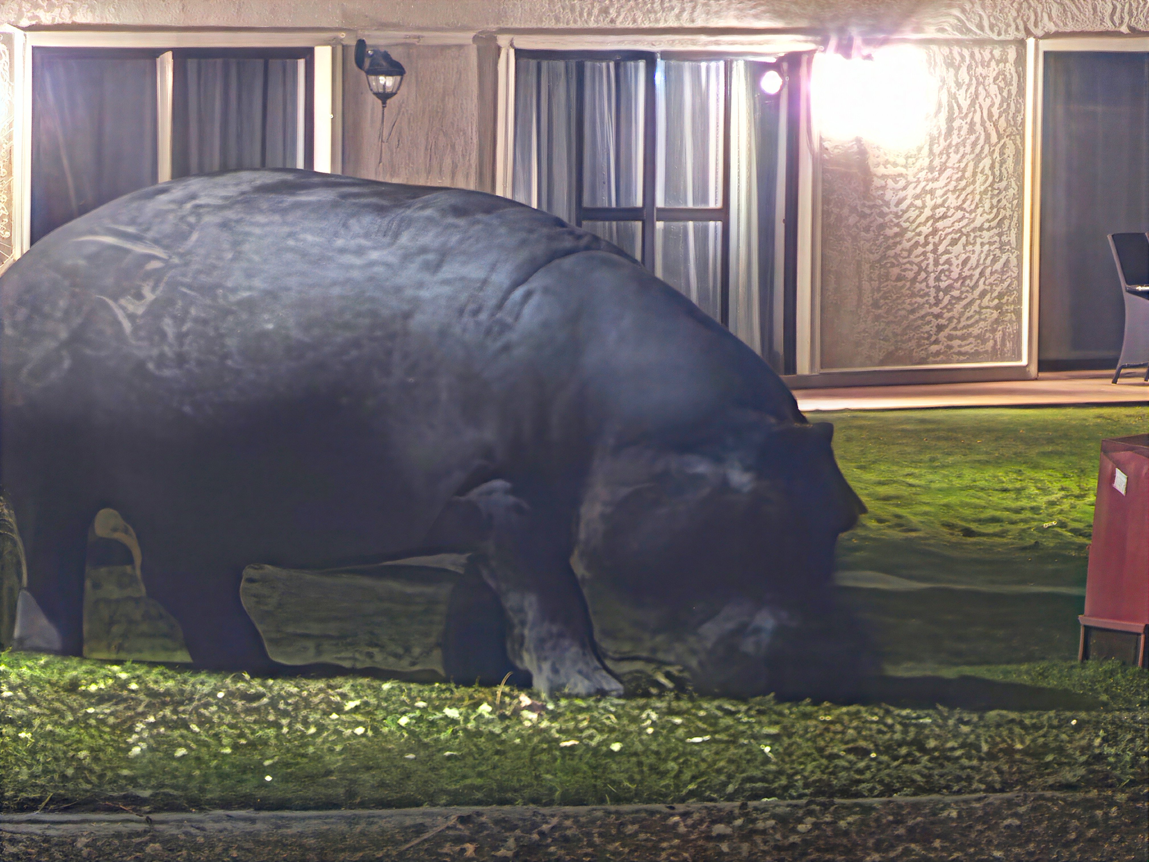 Bonnie's photograph of the hippo grazing between the rooms, before she called to say it was coming my way. Her shots that night mostly came out blurry; this is the one Topaz L