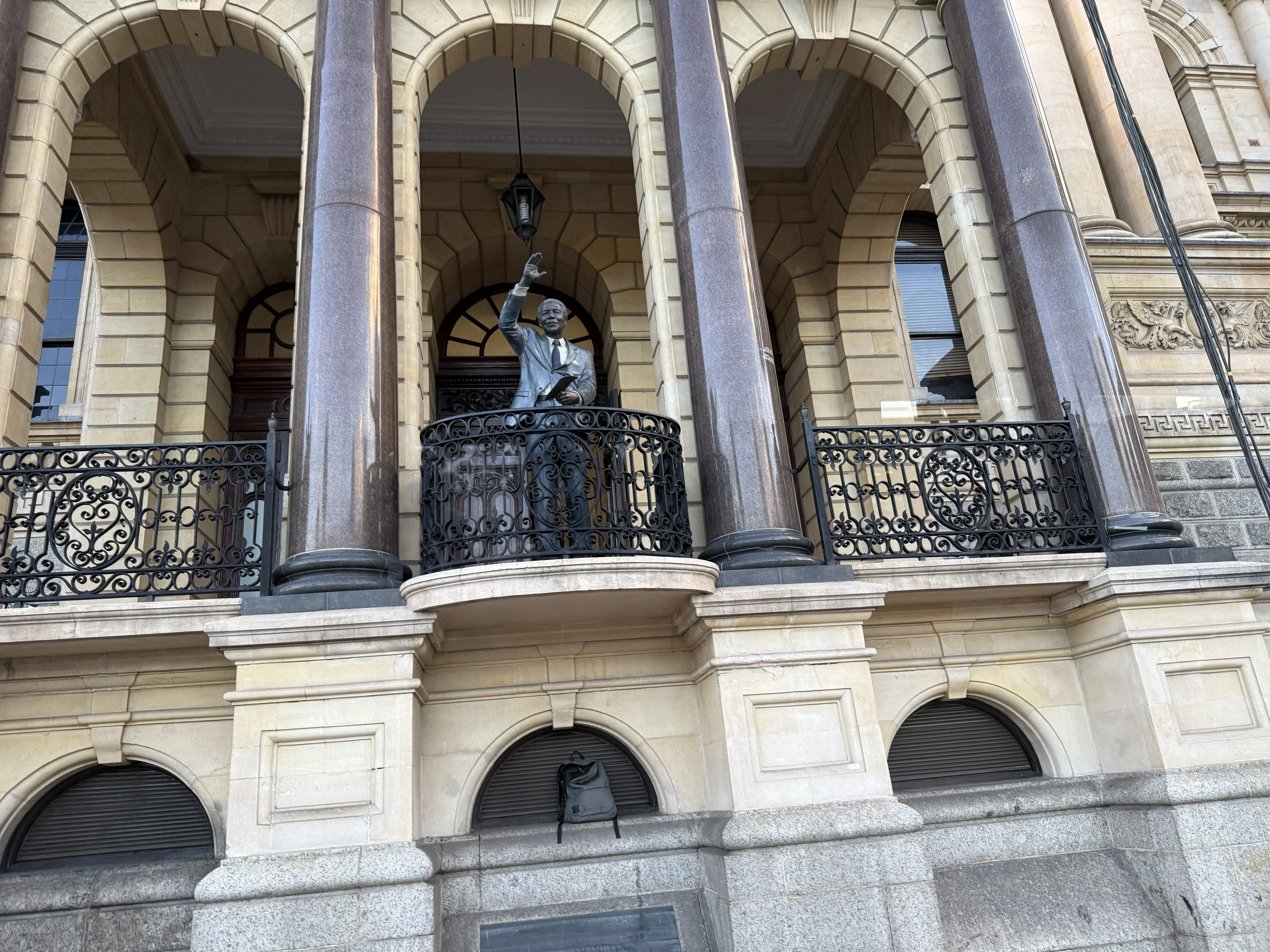 And the balcony: Cape Town City Hall, where on the 11th of February 1990, hours after walking out of prison, Nelson Mandela gave his first speech as a free man to an enormous crowd